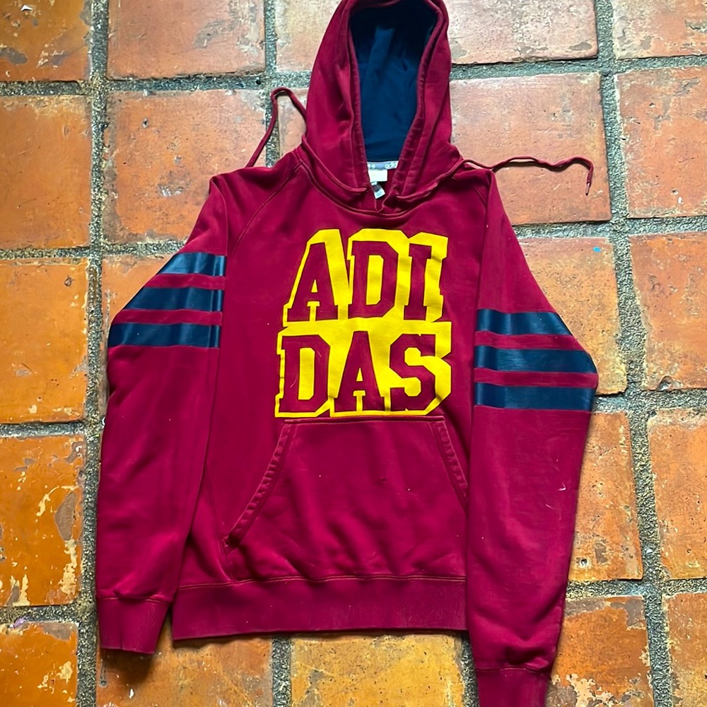 Adidas NEO hoodie, red, yellow, and dark blue.